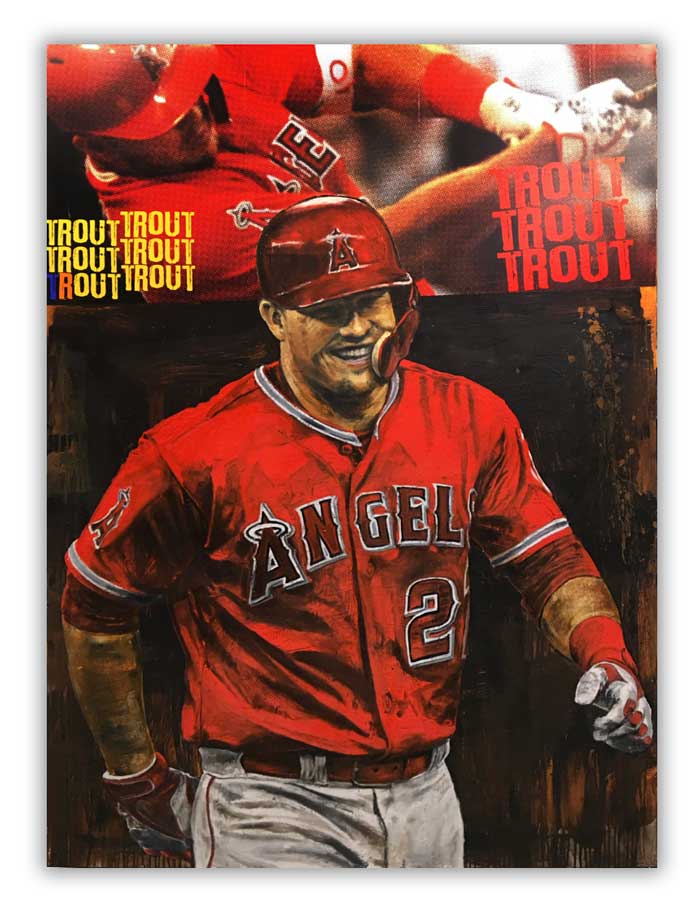 Mike Trout painted by aritst to baseballs greats Stephen Holland. Mike Trout painted by aritst to baseballs greats Stephen Holland.